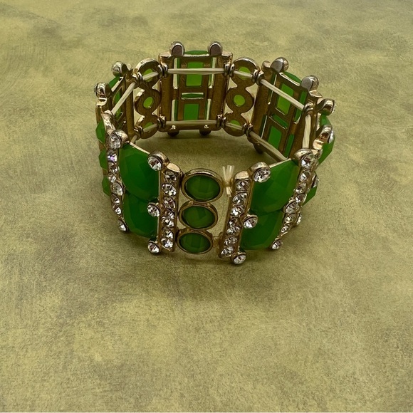 Green Enamel Stone and Clear Rhinestone Stretch Bangle - Picture 6 of 10
